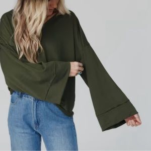 Three Bird Nest Olive Green Bell Sleeve Top